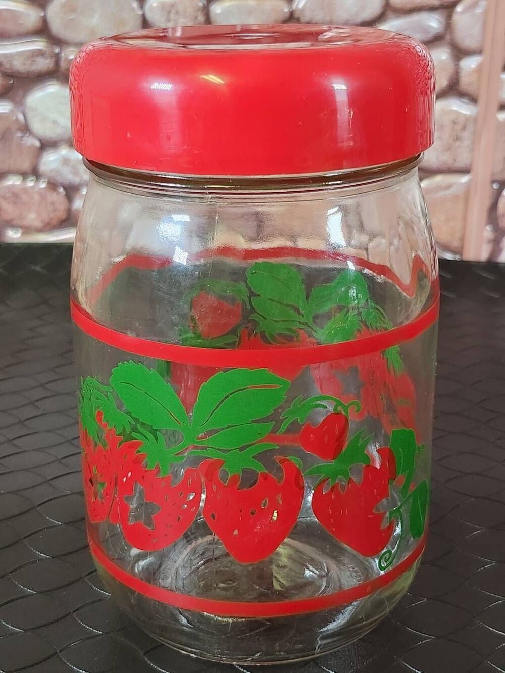 Vintage Strawberry Clear Glass Jar Canister With Red Lid